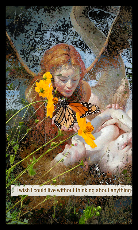 A representative painting of two women with bits missing cover most of the previous image. It's "Lilith and Eve" by Yuri Klapouh, with a red-haired Lilith leaning over Eve with her hands out, maybe blowing downward.There's a large monarch butterfly in her hands, along with two orange flowers, apparently pasted in from another image. Text at the bottom says, "I wish I could live without thinking about anything"