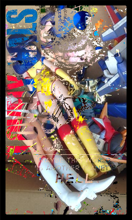 Covering most of the last image, with just pieces showing through, is an image of toys piled in a cardboard box. Some of the anime dolls from before, or much like them, lie face down atop some robots or vehicles. Bits of text from all the previous cards are visible as cutouts.