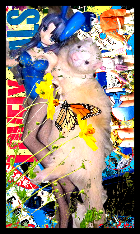 Overlaid on the previous image, there's a sideways cutout of a large doll of an anime woman, lying on her side in a blue bustier, rabbit ears, and stockings. Behind her, lying possessively, is a light-haired ferret or weasel. This disturbing image is overlaid with the butterfly and flowers from the Lilith and Eve card.