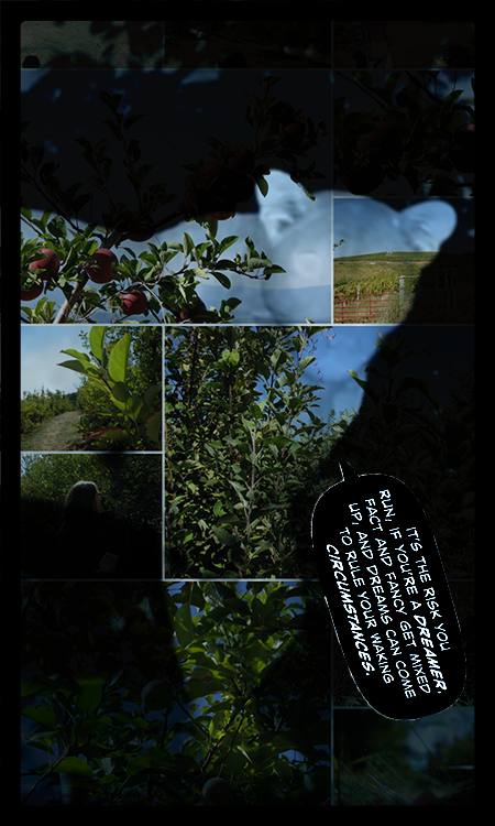 Another grid of images of apple trees and farmland are now overlaid by a negative image of a large cat, probably  leopard, looking at the camera with either surprise or menace. A black comic book speech bubble is in the bottom right, and it says, "It's the risk you run, if you're a dreamer. Fact and fancy get mixed up and dreams can come to rule your waking circumstances."